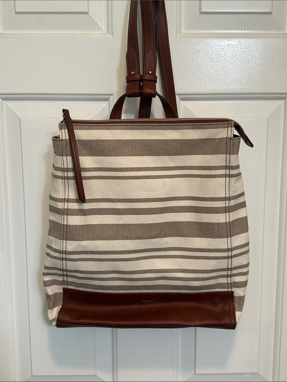 Fossil woman’s Brown & Cream Striped Canvas Tote